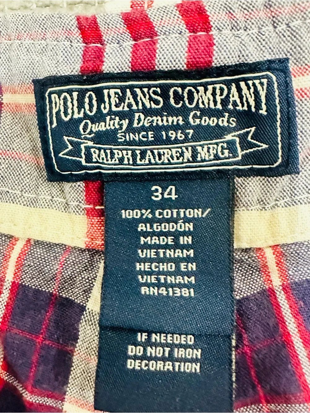 Vintage Polo Jeans Co Ralph Lauren Cargo Shorts Mens 34‎ Blue Red Tartan Plaid